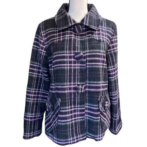 Keren Hart Coat Purple Buffalo Plaid Wool Blend Jacket Size Large Pockets - Picture 1 of 11